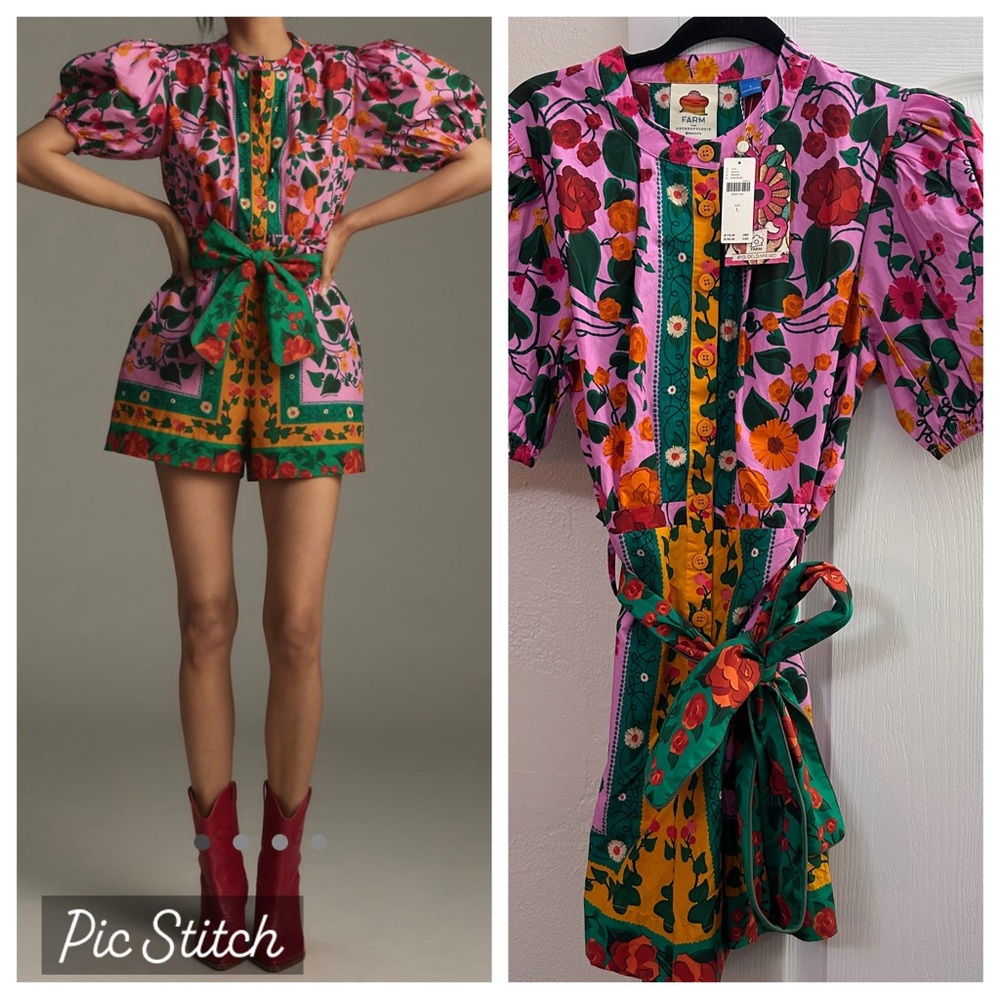 Farm Rio x Anthropologie Tropical Tie-Front Button Up Romper Playsuit Large